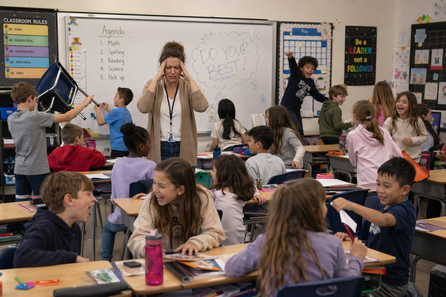 A crowded classroom with one teacher trying to manage many children at once