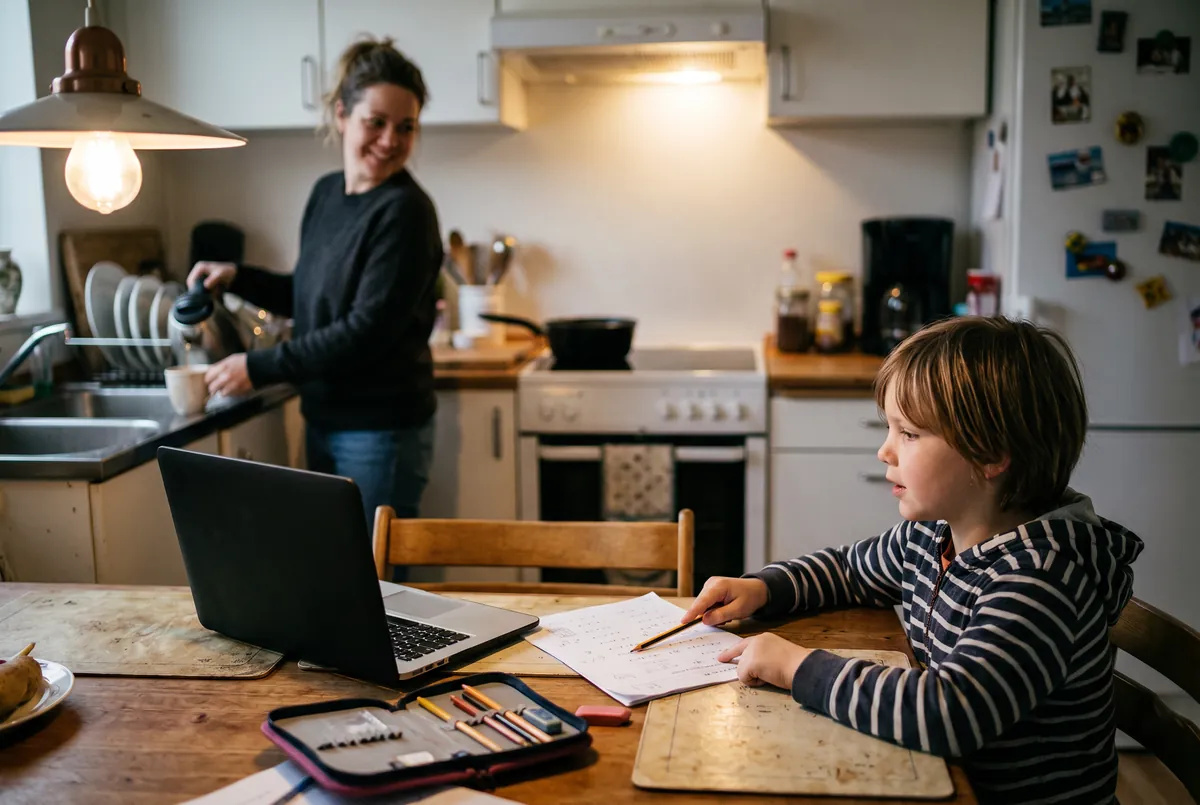 A child at the kitchen table explaining a worksheet out loud next to a laptop, while the parent makes tea in the background and smiles