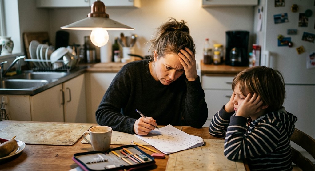 A frustrated parent and child struggling with homework at the kitchen table