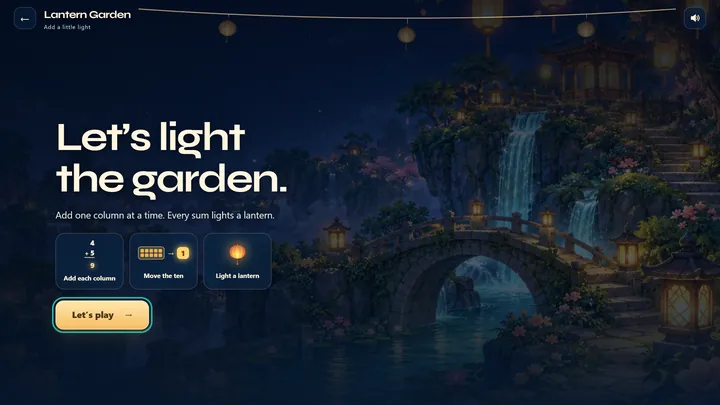 Lantern Garden, a SyncSpark game for adding with carrying
