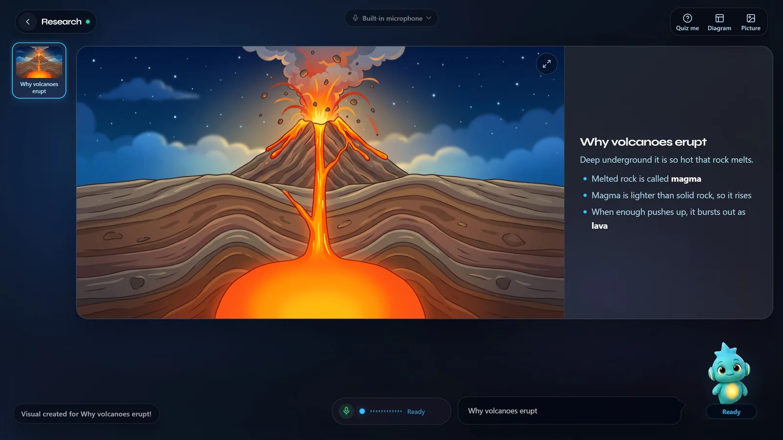 A research session about why volcanoes erupt: an illustration of a volcano with magma rising, next to three short points